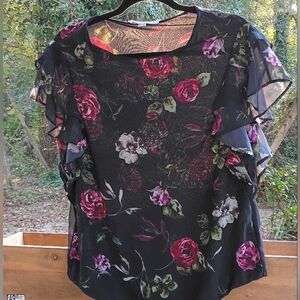 Valerie Stevens Black Floral Ruffle Blouse